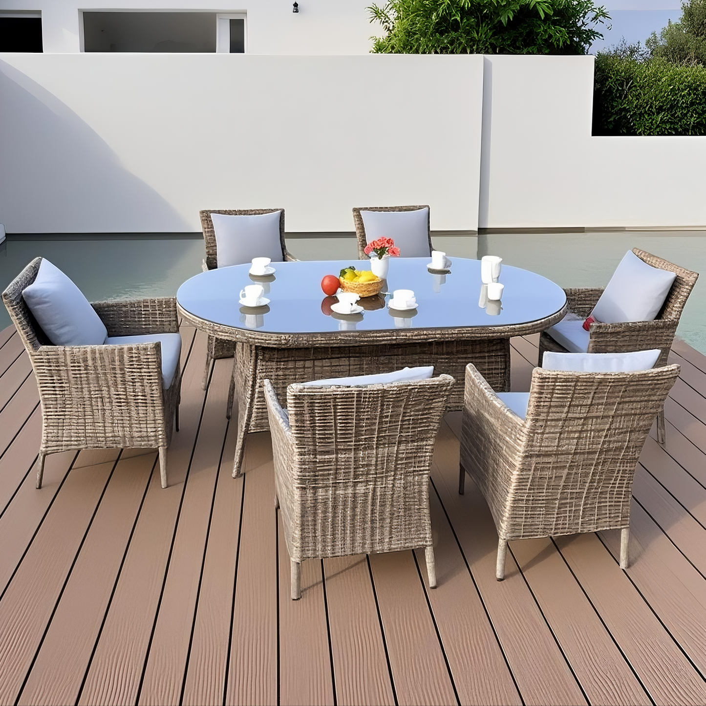 TBDS250702 Mixed Brown Wicker Tropical Luxury Outdoor Dining Set with Light Blue Cushions & Black Glass Oval Dining Table – Stylish Patio Furniture