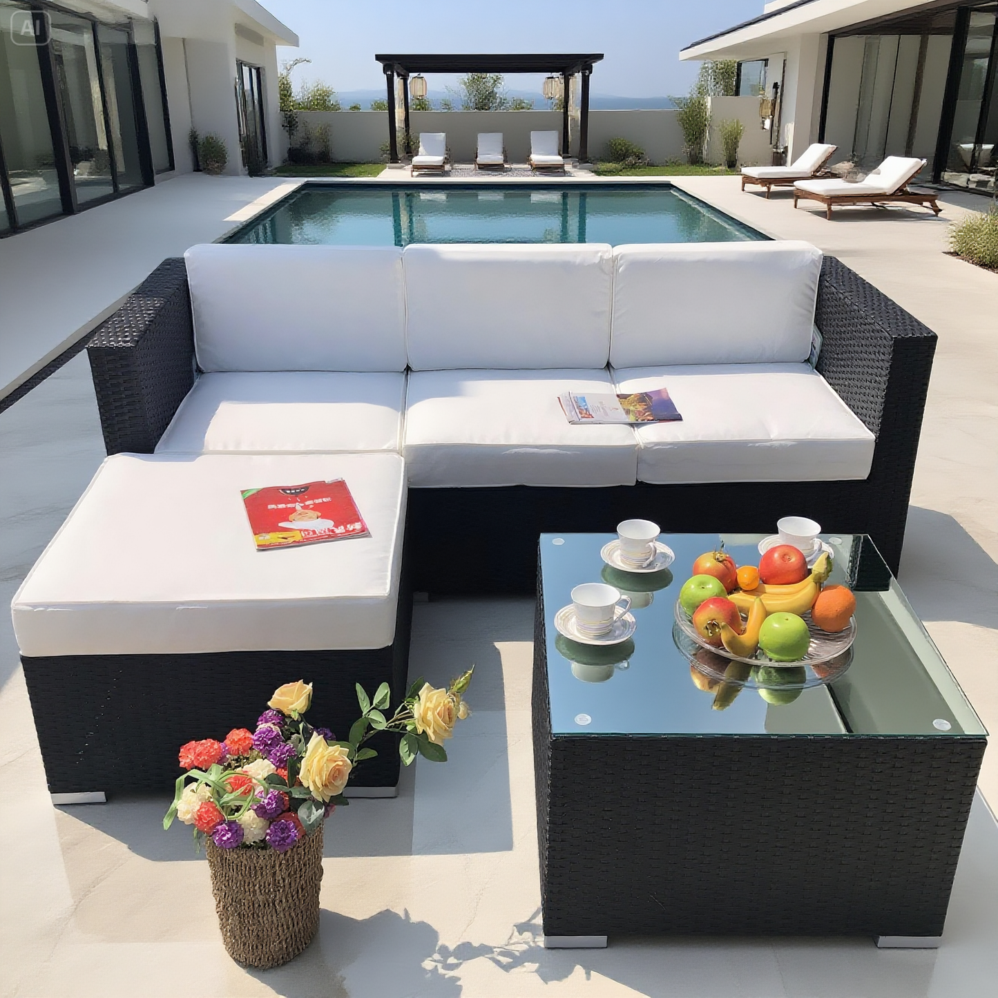 Dark Brown Wicker Outdoor Sectional Set with Ottoman & Glass Coffee Table – Stylish Patio Lounge Furniture