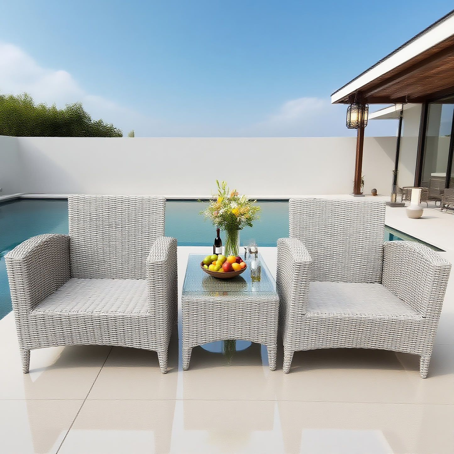 Light Grey Wicker 2 - Chair Outdoor Lounge Set with Glass Side Table – Stylish Patio Conversation Furniture
