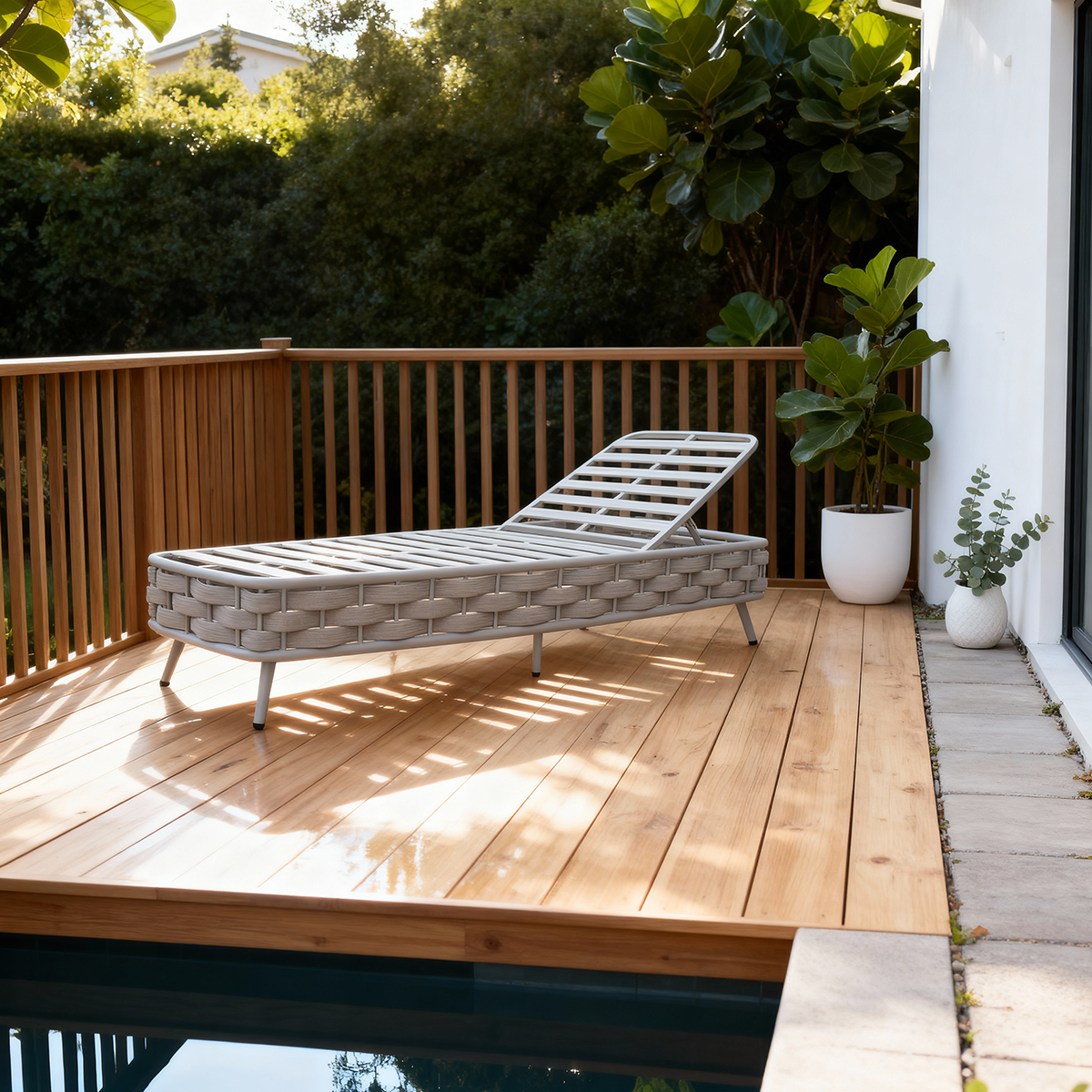 TYSF2518 Light White Rattan Adjustable Outdoor Sun Lounger with Light Grey Cushion – Vancouver Island Coastal Terrace Luxury Minimalist Outdoor Reclining Sunbed