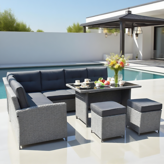 6-Seater 9 Pieces Set Modular L-Shaped  Rattan Corner Conversation Sofa Set Chairs Set  With Dining Table & Two Ottomans(Stools)