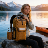 WBP1906 Tan Roll Top Waterproof Dry Backpack with Detachable 2L Bottle Pouch for Kayaking Hiking
