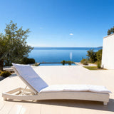 TYSF2631 White Rattan Adjustable Outdoor Sun Lounger with Pure White Cushions & Headrest – Kotor Bay Montenegro Coastal Terrace Luxury Relaxed Outdoor Reclining Sunbed