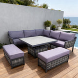 WLSF250304 Dark Grey Rattan & Metal Frame L-Shaped Outdoor Sectional Sofa Set with Lift Coffee Table & Ottomans – Santa Monica California Coastal Terrace Luxury Social Outdoor Furniture Set