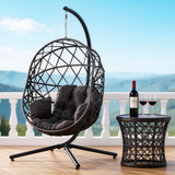 SWC2635 Dark Black Wicker Hanging Egg Chair with Stand & Cushion – Mountain View Balcony Swing Lounge Chair Set