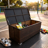 RSB2506 Large Brown Wicker Outdoor Storage Box – Pet-Friendly Patio Deck Box with Hydraulic Lid