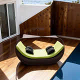 TYSF2562 Brown Rattan Curved Canopy Outdoor Daybed with Lime-Green & Black Cushions – St. Barts Caribbean Coastal Terrace Luxury Vibrant Outdoor Canopy Daybed