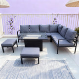 WLSF2524 Black Metal L-Shaped Outdoor Sectional with Fire Pit Table & Ottomans – French Riviera Balcony Patio Furniture Set