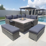 SFTZ2507 Grey Wicker Outdoor Sectional Set with Gas Fire Pit Table & Ottomans – Stylish Patio Fire Lounge Furniture