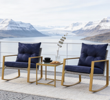 WLSF2501 Light Grey Rope & Gold Metal Frame Rocking Chair 2-Piece Set with Navy Blue Cushions & Glass Side Table – Reykjavik Iceland Lake Terrace Luxury Nordic Outdoor Seating Set