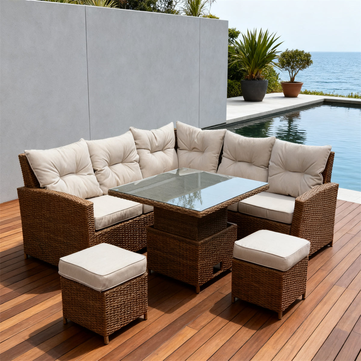 Brown Wicker L - Shaped Outdoor Sectional Set with Glass Dining Table & Ottomans – Stylish Patio Furniture