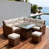 SFTZ2553 Brown Wicker L - Shaped Outdoor Sectional Set with Glass Dining Table & Ottomans – Stylish Patio Furniture