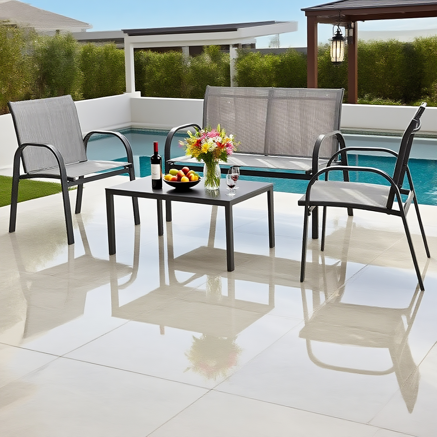 CBY2504 Black Metal & Grey Mesh Modern Poolside Luxury Outdoor Lounge Set (4-Piece) – Sleek Square Coffee Table