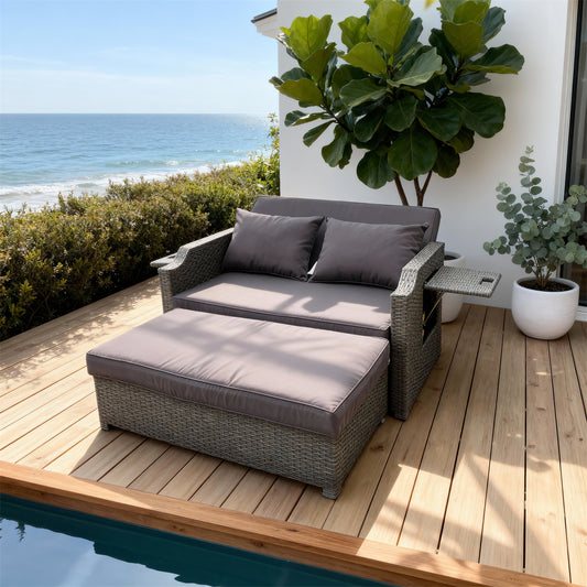 TYSF2529 Grey Rattan 2-Piece Convertible Outdoor Sofa Set with Storage Ottoman, Side Table & Dark Grey Cushions – St Tropez France Coastal Terrace Luxury Multi-Functional Outdoor Lounge Set