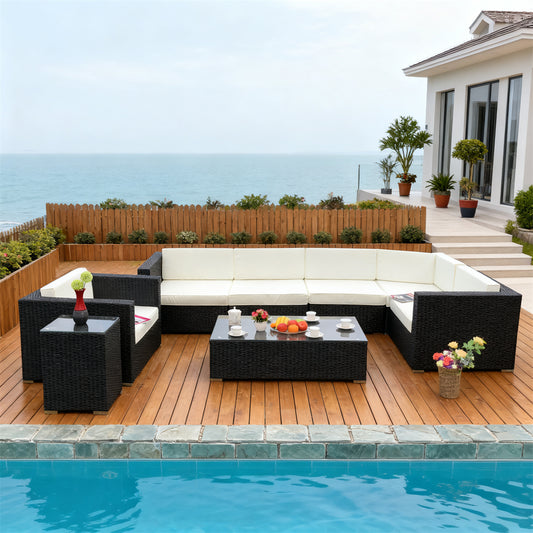 Dark Brown Wicker L - Shaped Outdoor Sectional Set with White Cushions, Glass Coffee Table & Side Table – Stylish Patio Furniture