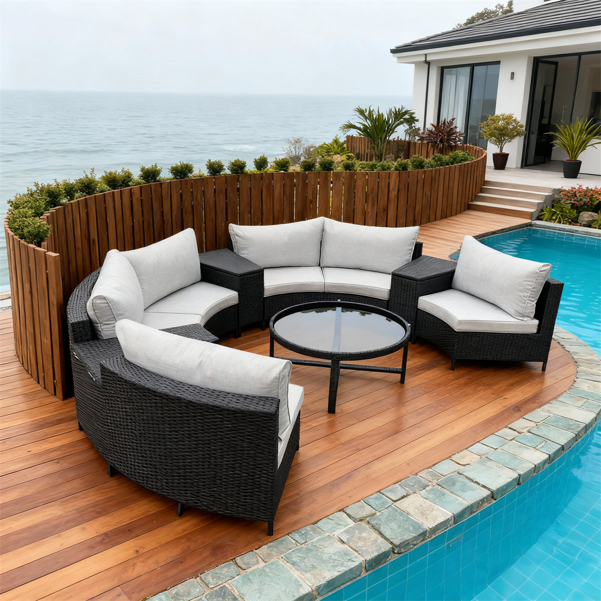 Black Wicker Curved Outdoor Sectional Set with Light Grey Cushions & Round Glass Coffee Table – Stylish Patio Furniture