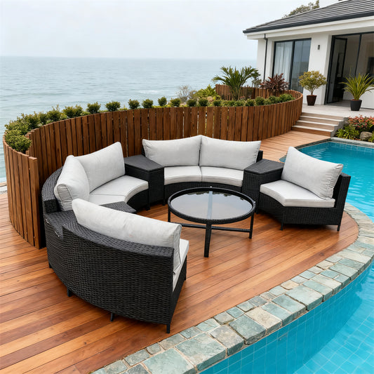 Black Wicker Curved Outdoor Sectional Set with Light Grey Cushions & Round Glass Coffee Table – Stylish Patio Furniture