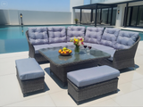 SFTZ2512 Dark Grey Wicker L - Shaped Outdoor Dining & Lounge Set with Glass Dining Table & Ottomans – Stylish Patio Furniture