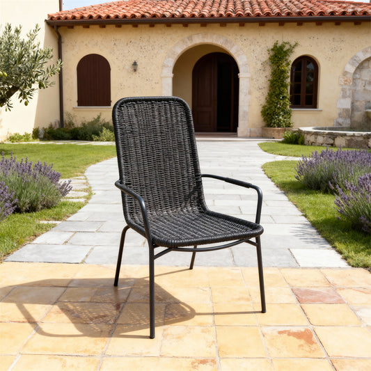 DTY251802 All-Black Wicker High-Back Outdoor Armchair with Black Metal Legs – Tuscan Villa Courtyard Weather-Resistant Lounge Chair