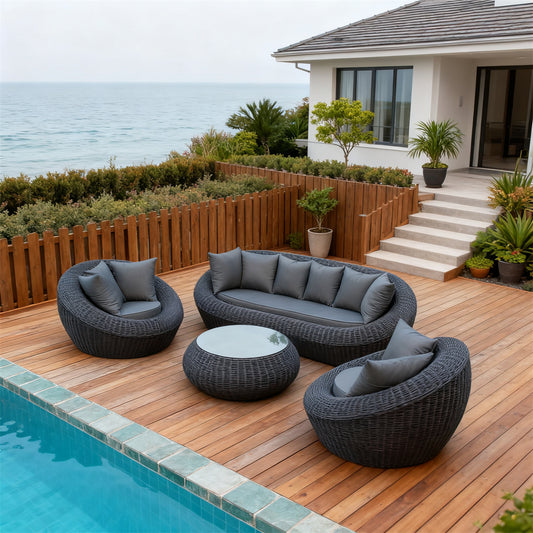 Dark Grey Wicker Spherical Outdoor Lounge Set with Dark Grey Cushions & Round Glass Coffee Table – Stylish Patio Furniture