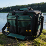 FSB1902 Dark Green Yellow Stitching Large Fishing Tackle Bag with Multi Zipper Pockets for Lake River Angling