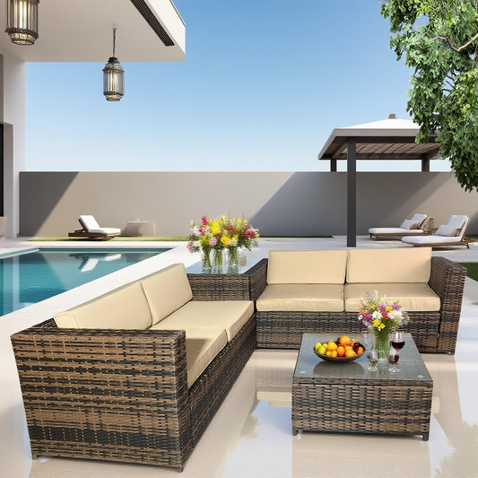 Mixed - Tone Wicker L - Shaped Outdoor Sectional Set with Glass Coffee Table – Stylish Patio Lounge Furniture