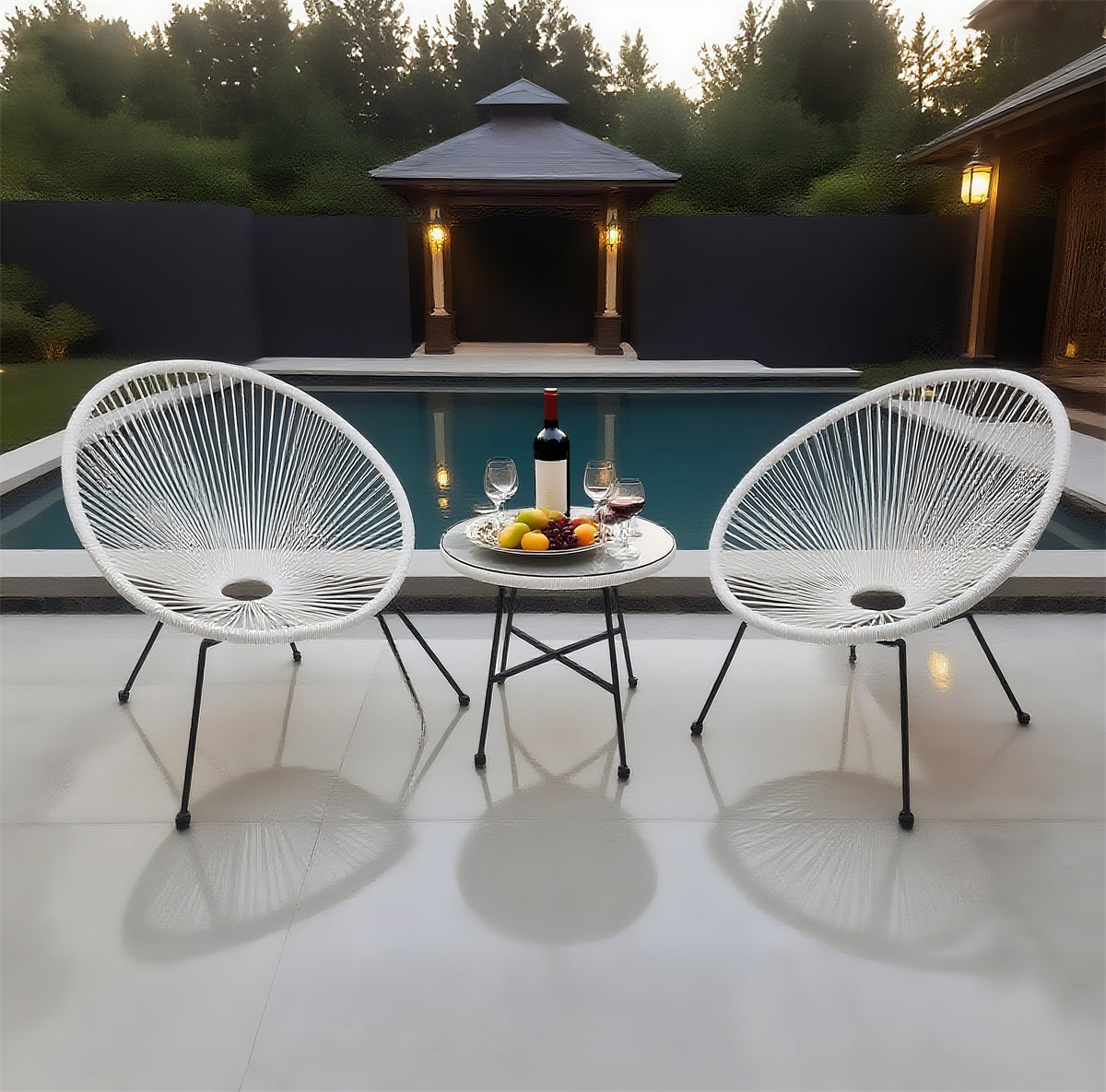 BST250201 White Woven Rope & Black Metal Frame Luxury Poolside Nightscape 2-Piece Outdoor Bistro Set – Glass Round Table