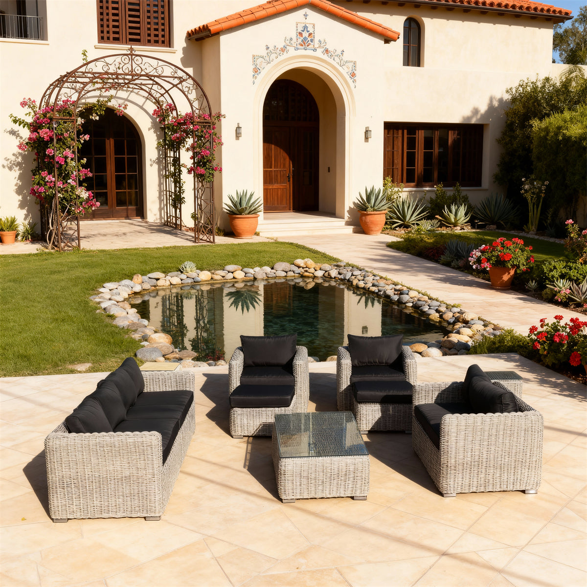 Light Grey Wicker Outdoor Lounge Set with Black Cushions & Glass Coffee Table – Stylish Patio Furniture