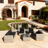 SFTZ2597 Light Grey Wicker Outdoor Lounge Set with Black Cushions & Glass Coffee Table – Stylish Patio Furniture