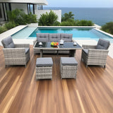 SFTZ2536 Light Grey Wicker Multifunctional Outdoor Set with Glass Dining Table & Ottomans – Stylish Patio Furniture