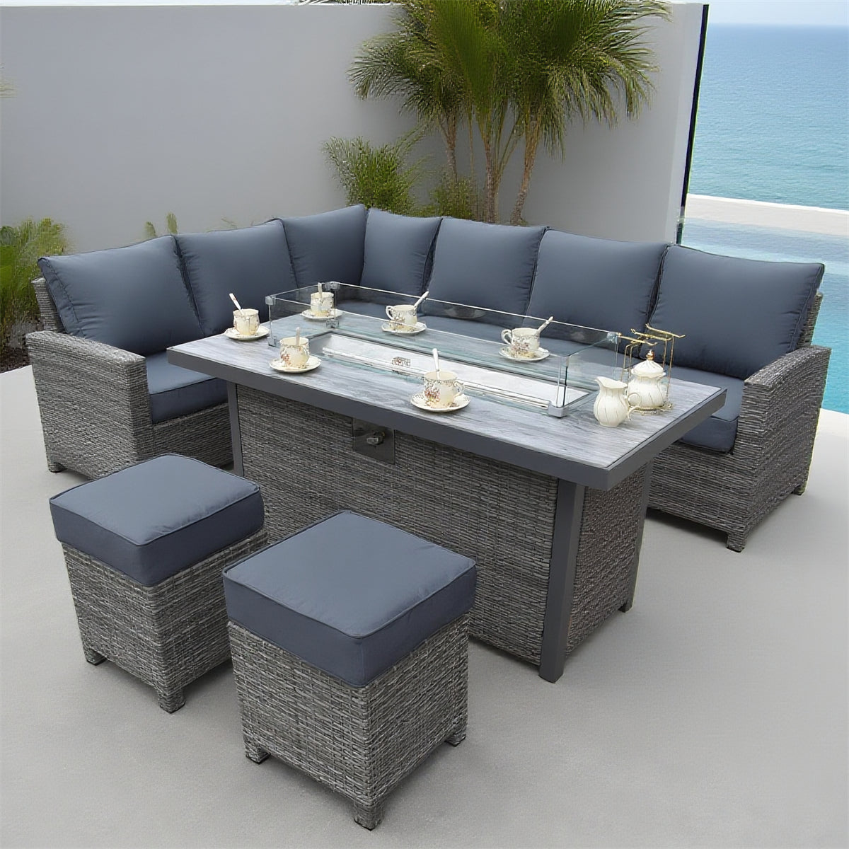 Grey Wicker L - Shaped Outdoor Sectional Set with Propane Fire Pit Table & Ottomans – Stylish Patio Furniture