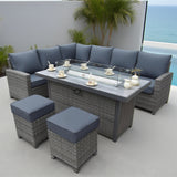 SFTZ2546 Grey Wicker L - Shaped Outdoor Sectional Set with Propane Fire Pit Table & Ottomans – Stylish Patio Furniture