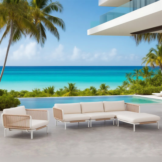 SFTZ2623 Light Brown Rattan & White Frame Modular Outdoor Lounge Set with Cream Cushions – Caribbean Modern Coastal Pool Villa Patio Luxury Outdoor Social Furniture Set