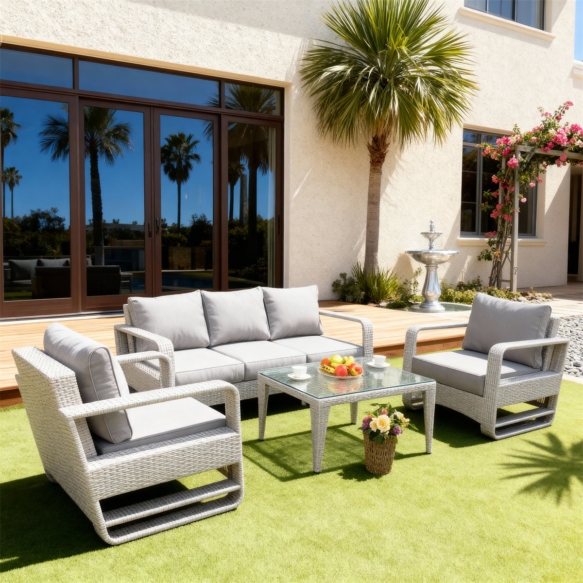 White Wicker Outdoor Lounge Set with Light Grey Cushions & Glass Coffee Table – Stylish Patio Furniture