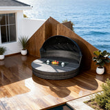 TYSF2554 Grey Rattan Round Outdoor Daybed with Black Canopy, Glass Coffee Table & Matching Cushions – Byron Bay Australia Coastal Terrace Luxury Private Outdoor Canopy Daybed