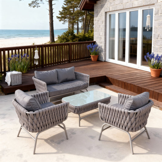 Dark Grey Woven Nordic Coastal Outdoor Lounge Set with Dark Grey Cushions & Clear Glass Coffee Table – Stylish Patio Furniture