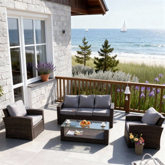 SFTZ2621 Dark Brown Wicker Outdoor Lounge Set with Light Grey Cushions – Baltic Sea Coastal Stone Cottage Patio Luxury Outdoor Social Furniture Set