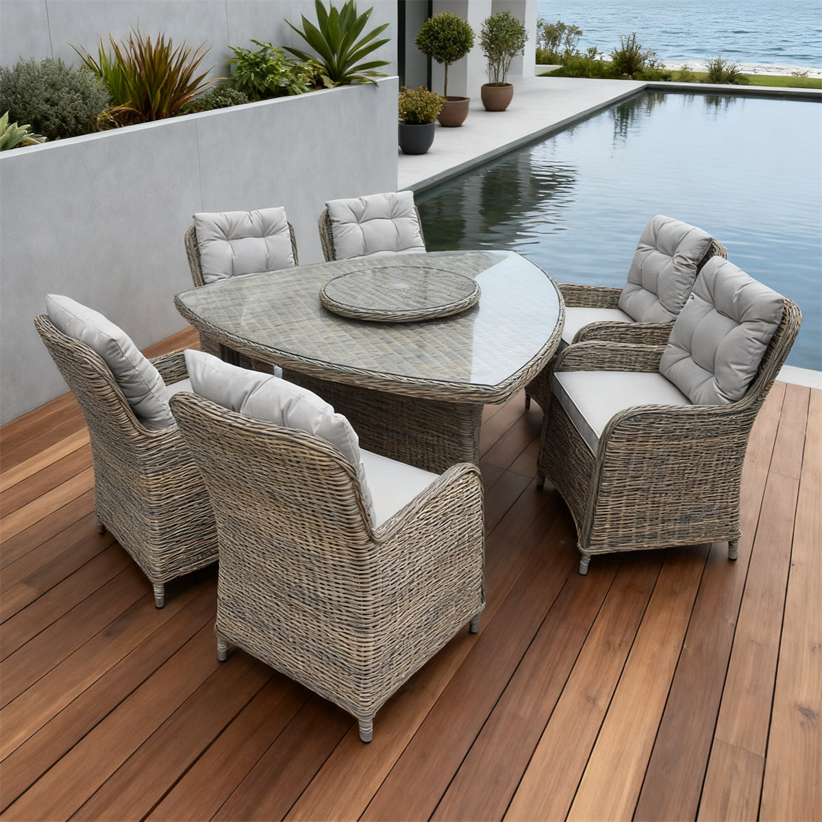 TBDS251802 Light Grey Woven Wicker Modern Coastal Luxury Outdoor Dining Set with Light Grey Tufted High-Back Cushions & Wicker-Look Oval Table (Glass Lazy Susan) – Stylish Patio Furniture