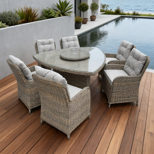 TBDS251802 Light Grey Woven Wicker Modern Coastal Luxury Outdoor Dining Set with Light Grey Tufted High-Back Cushions & Wicker-Look Oval Table (Glass Lazy Susan) – Stylish Patio Furniture