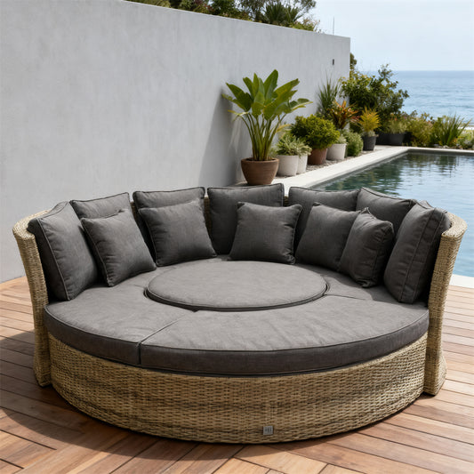 Natural Rattan Round Outdoor Lounge Sofa with Central Cushioned Table – Stylish Patio Furniture