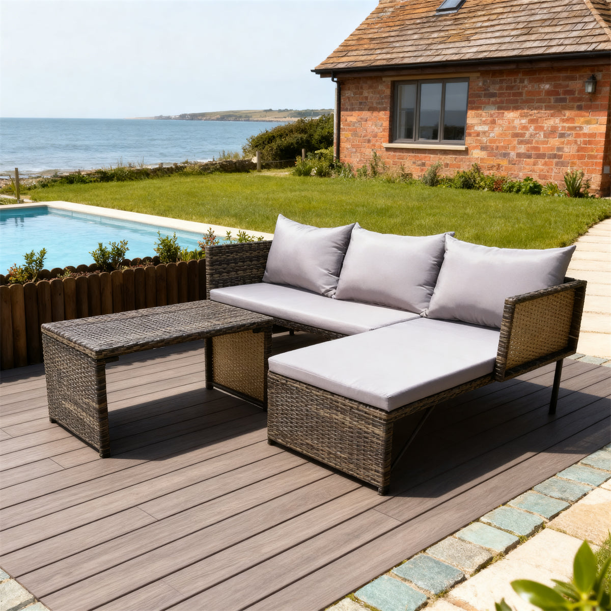 Mixed Brown Wicker L - Shaped Outdoor Sectional Set with Light Grey Cushions & Wicker Coffee Table – Stylish Patio Furniture