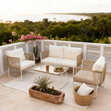 WLSF2550 White Aluminum 4-Piece Rattan Outdoor Conversation Set with Glass Coffee Table – Tropical Coastal Patio Furniture