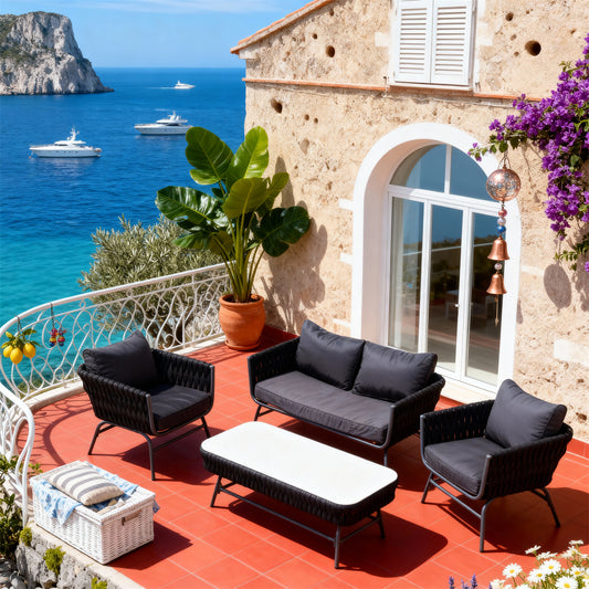Black Woven Coastal Luxury Outdoor Lounge Set with Dark Grey Cushions & White - Top Coffee Table – Stylish Patio Furniture