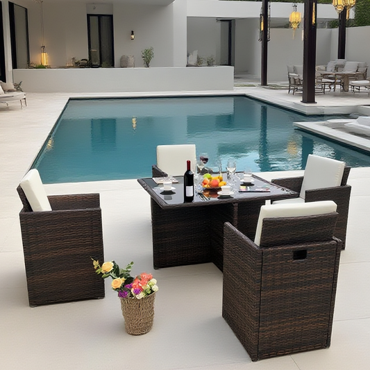 TBDS250102 Dark Brown Wicker Modern Luxury Outdoor Dining Set with Cream Cushions & Black Glass Dining Table – Stylish Patio Furniture