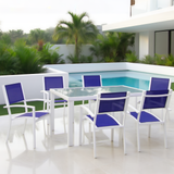 CBY250504 White Aluminum & Royal Blue Mesh Tropical Modern Poolside Luxury Outdoor Dining Set (6-Piece) – Frosted Glass Square Table