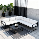 WLSF2523 Black Metal L-Shaped Outdoor Sectional Sofa Set with Square Coffee Table – Berlin Rooftop Industrial Patio Furniture Set