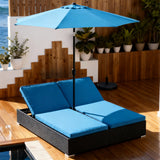 TYSF2576 Black Rattan Modular Double Outdoor Daybed with Turquoise Cushions & Umbrella – Phuket Thailand Coastal Terrace Luxury Vibrant Outdoor Modular Daybed Set