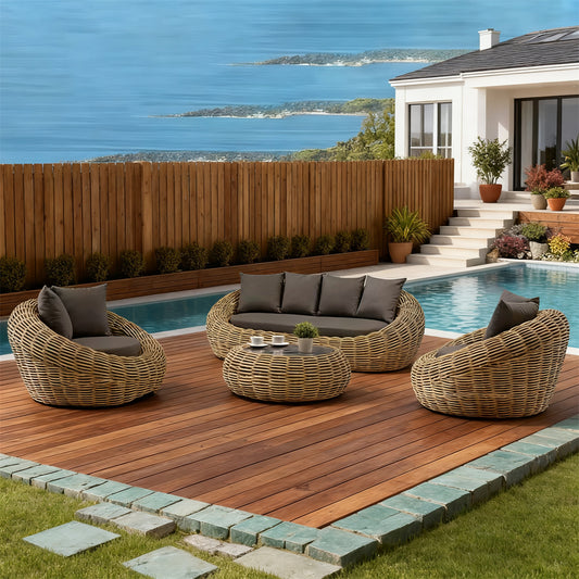 Natural Rattan Spherical Outdoor Lounge Set with Dark Grey Cushions & Rattan Round Coffee Table – Stylish Patio Furniture