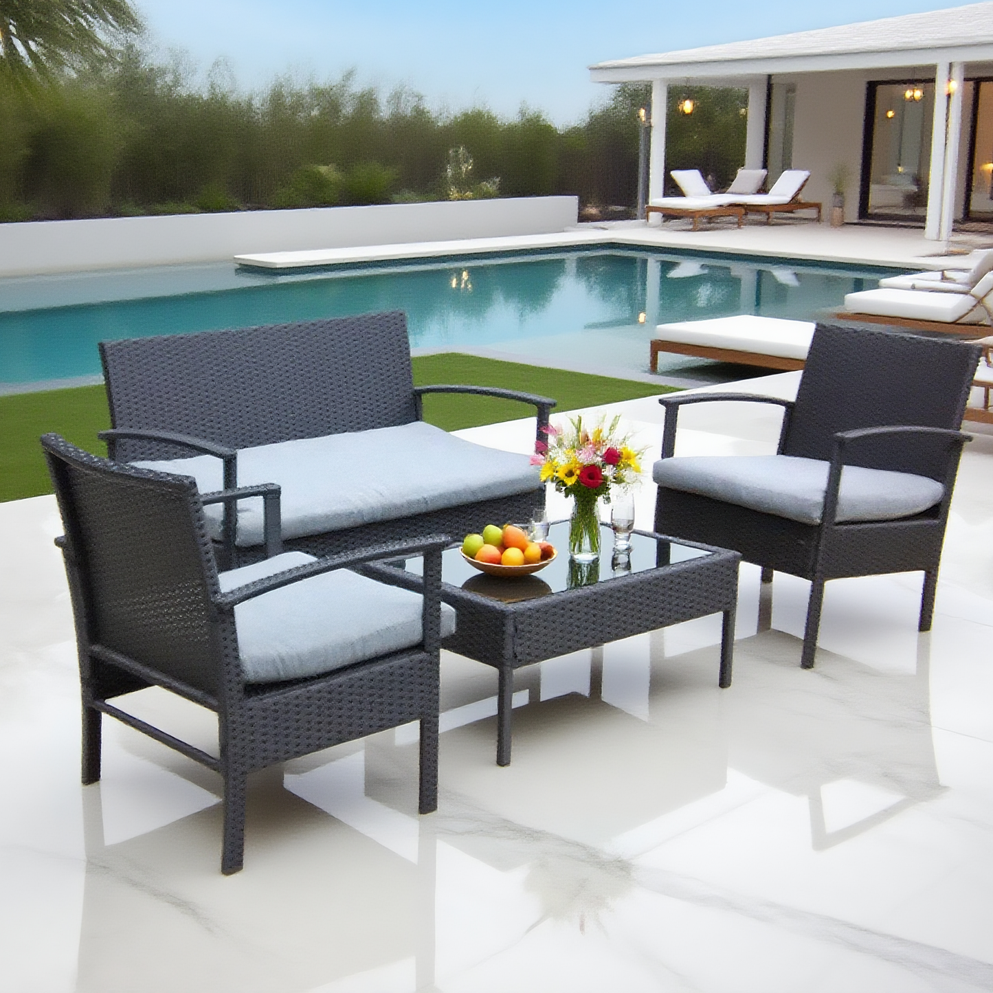 Dark Grey Wicker Patio Conversation Set with Glass Coffee Table – Stylish Outdoor Lounge Furniture