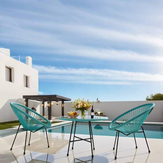 BST2504 Lime Blue Radial Weave & Black Metal Frame Santorini-Style Pool Patio 2-Piece Outdoor Bistro Set – Matching Blue Glass Oval Table